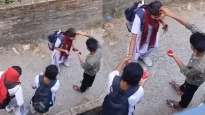 student viral videos  स्कूली बच्चों पर आशिकी का ऐसा चढ़ा खुमार  लड़के ने बीच सड़क पर भर दी लड़की की मांग